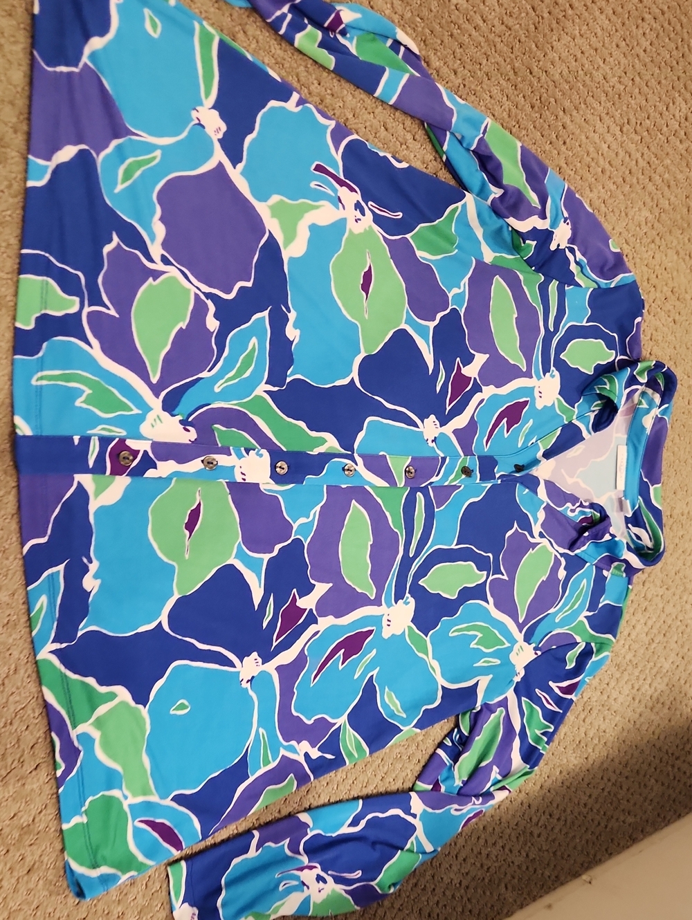 NEW Passport / Susan Graver Blue & Green Floral Button-Down Blouse. L
